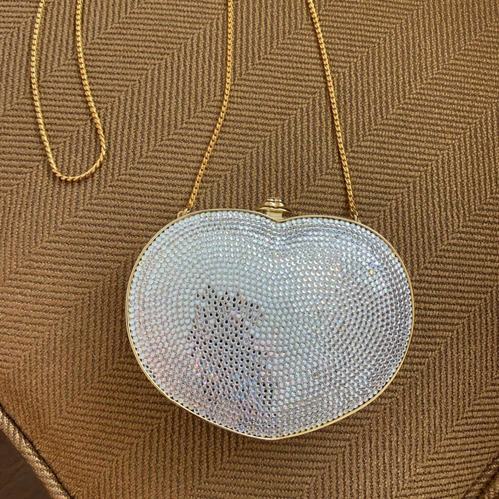 Judith Lieber white heart purse with gold chain